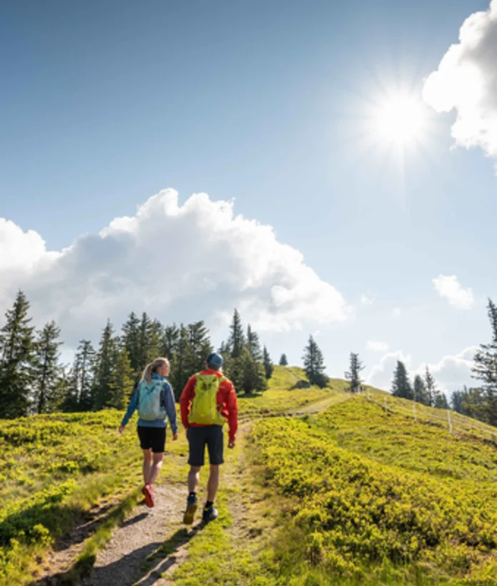 Hiker on green hill path under blue sky with clouds and sun